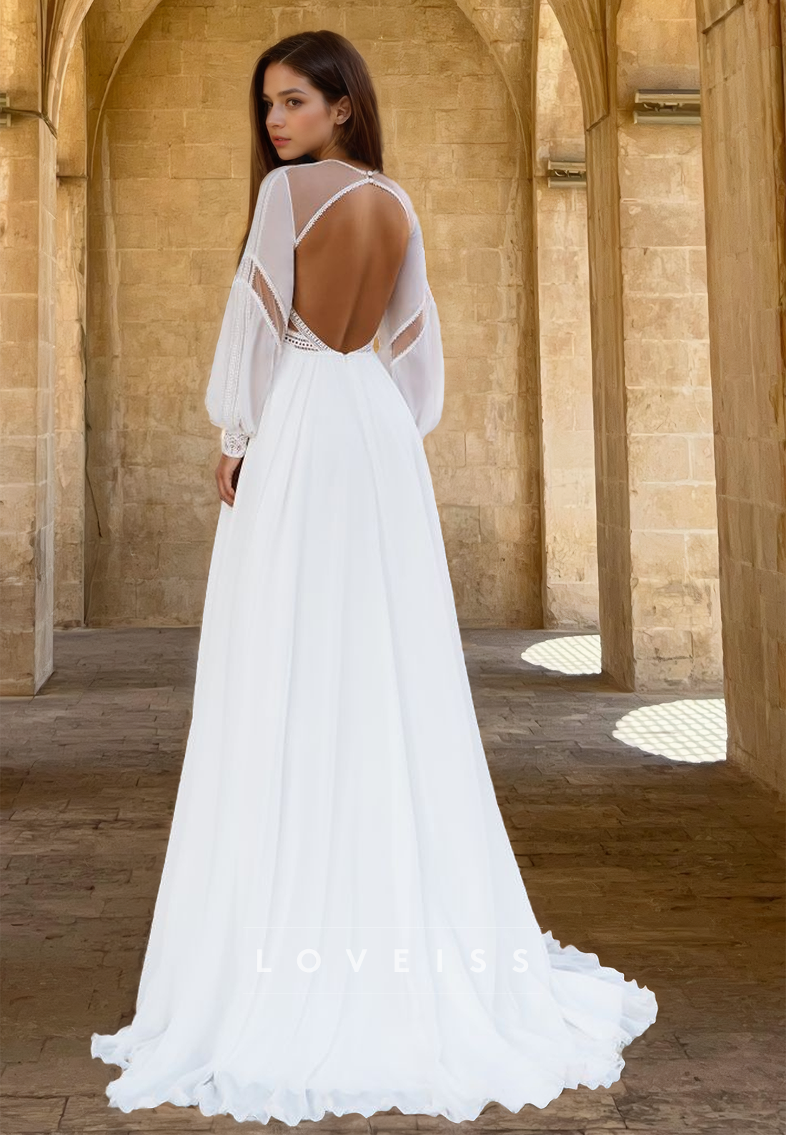 Bateau Long Sleeves Appliques Chiffon Boho A-Line Wedding Dress