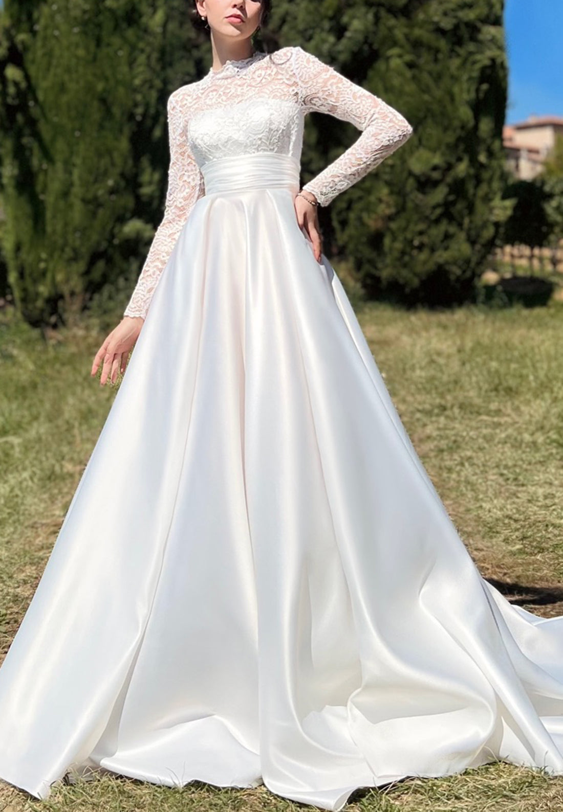 Bateau Long Sleeves Empire Waist Appliques Pleated A-Line Wedding Dress