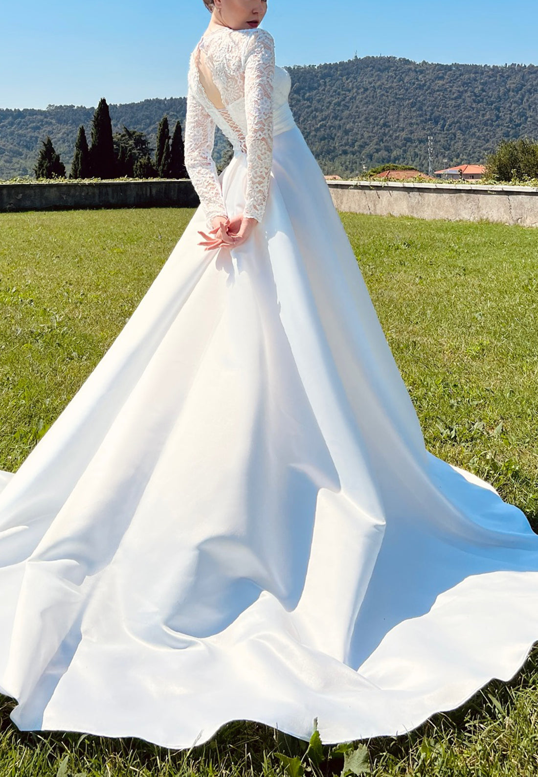 Bateau Long Sleeves Empire Waist Appliques Pleated A-Line Wedding Dress