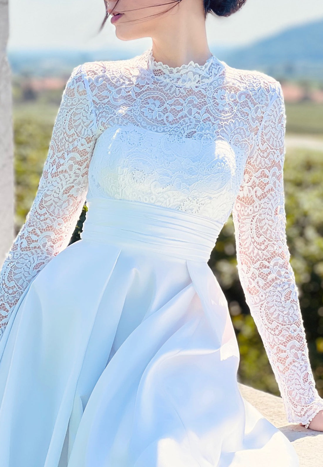 Bateau Long Sleeves Empire Waist Appliques Pleated A-Line Wedding Dress