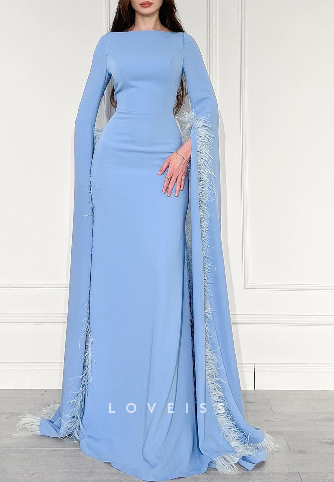 Bateau Long Sleeves Feathered Sleek Sheath Mother of Bride Dress
