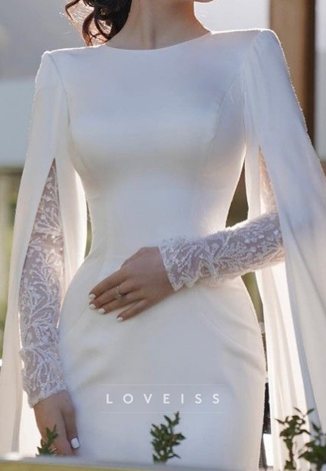 Bateau Long Sleeves Fitted Sleek Classic Wedding Dress