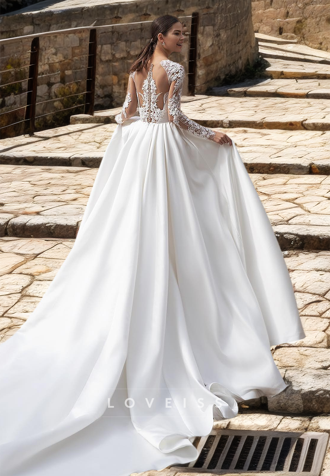 Bateau Long Sleeves Lace Appliques Pleated Satin A-Line Wedding Dress