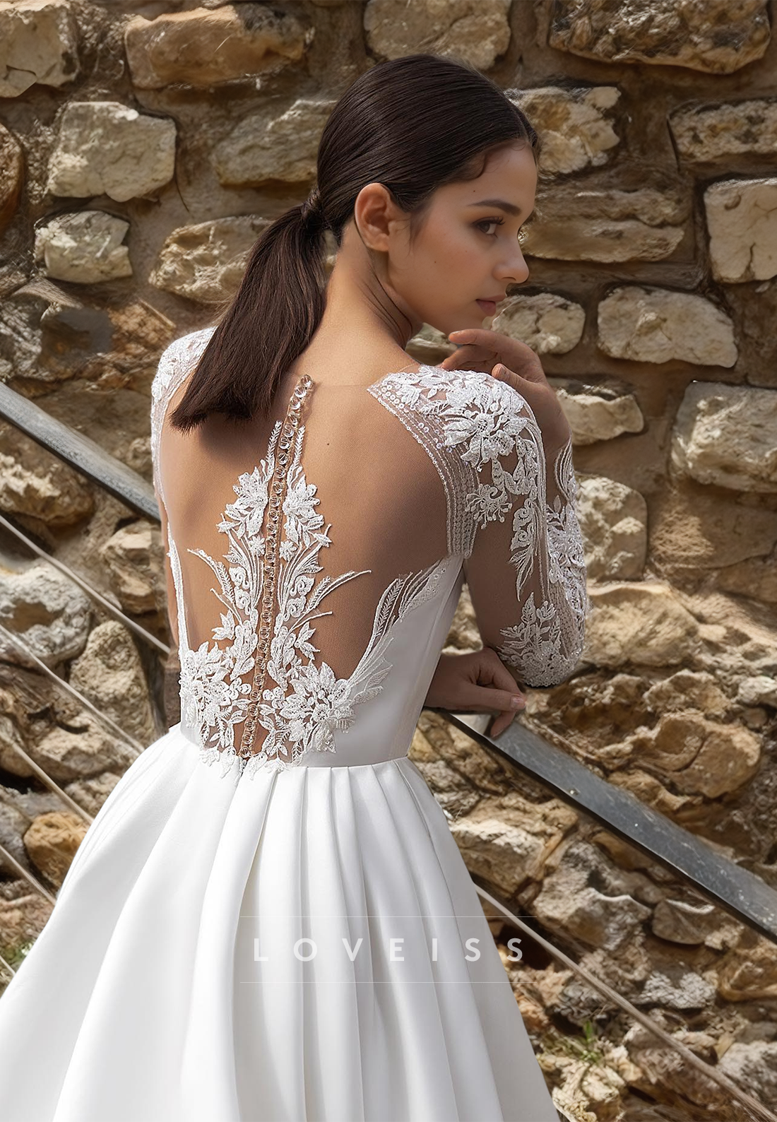 Bateau Long Sleeves Lace Appliques Pleated Satin A-Line Wedding Dress