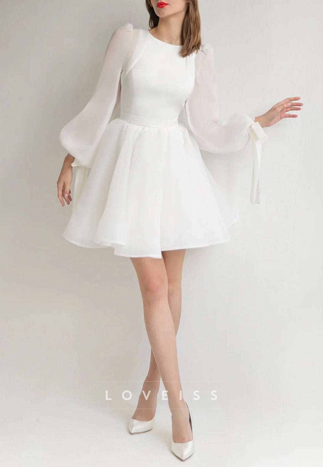 Bateau Long Sleeves Pleated A-Line Short Wedding Dress