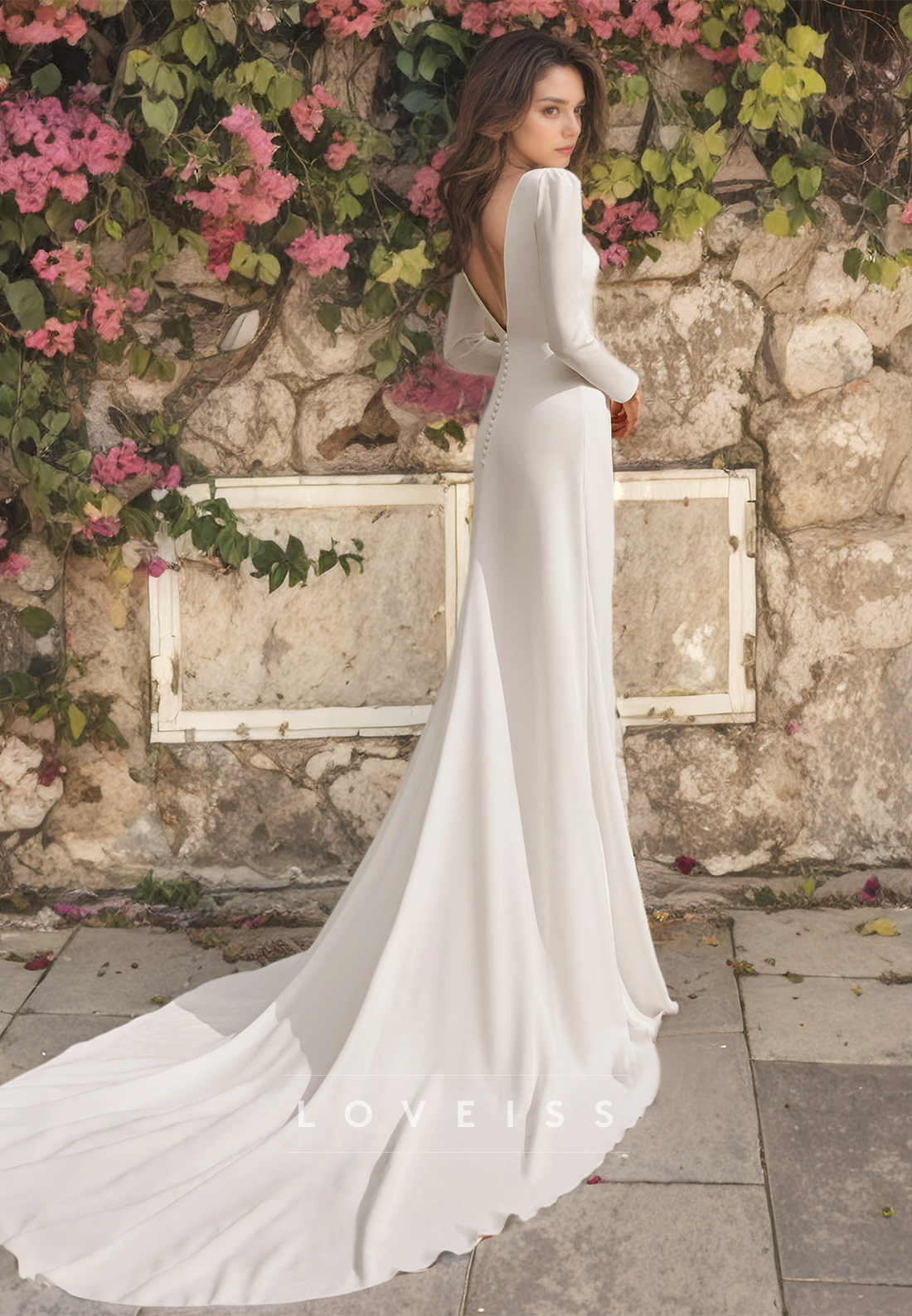 Bateau Long Sleeves Ruched High Slit Beach Wedding Dress
