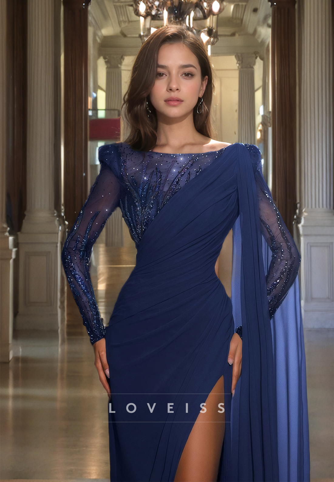 Bateau Long Sleeves Sequins Beaded High Slit Sheath Prom Dress