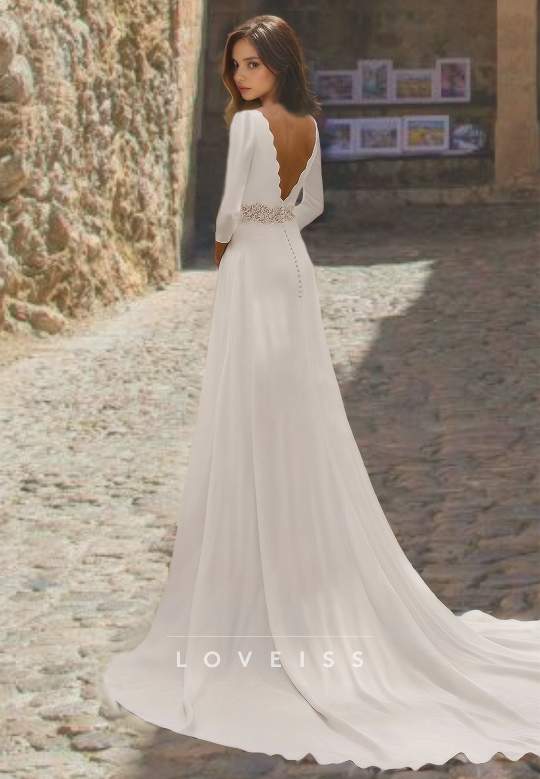 Bateau Long Sleeves Sleek Appliques Sheath Wedding Dress