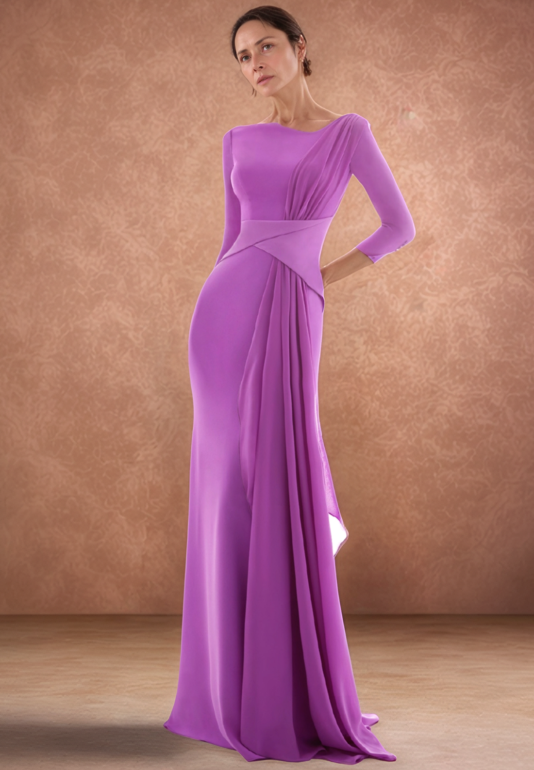 Bateau Long Sleeves Sleek Pleated Sheath Mother of Bride Dress