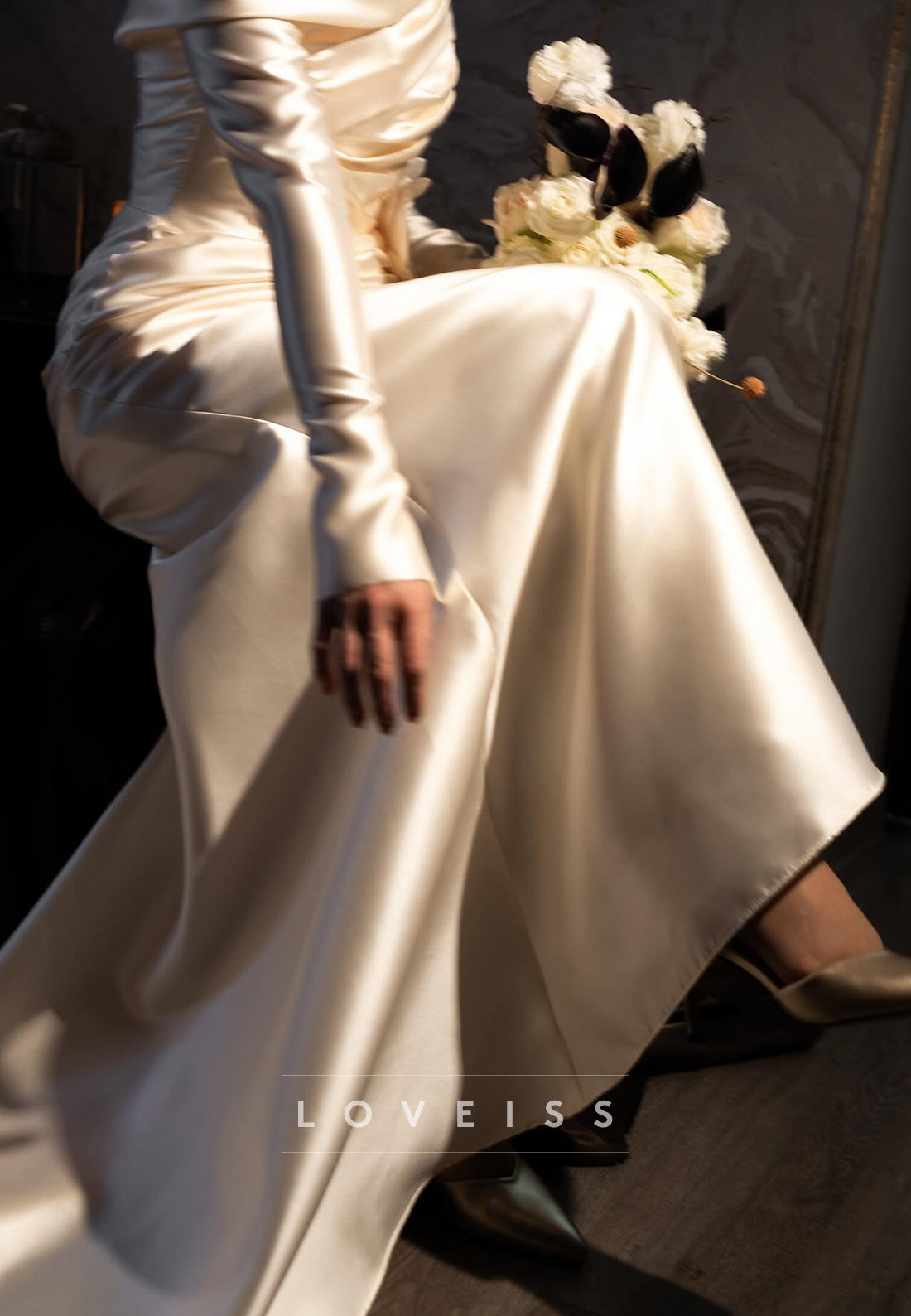 Bateau Long Sleeves Sleek Sheath Satin Wedding Dress