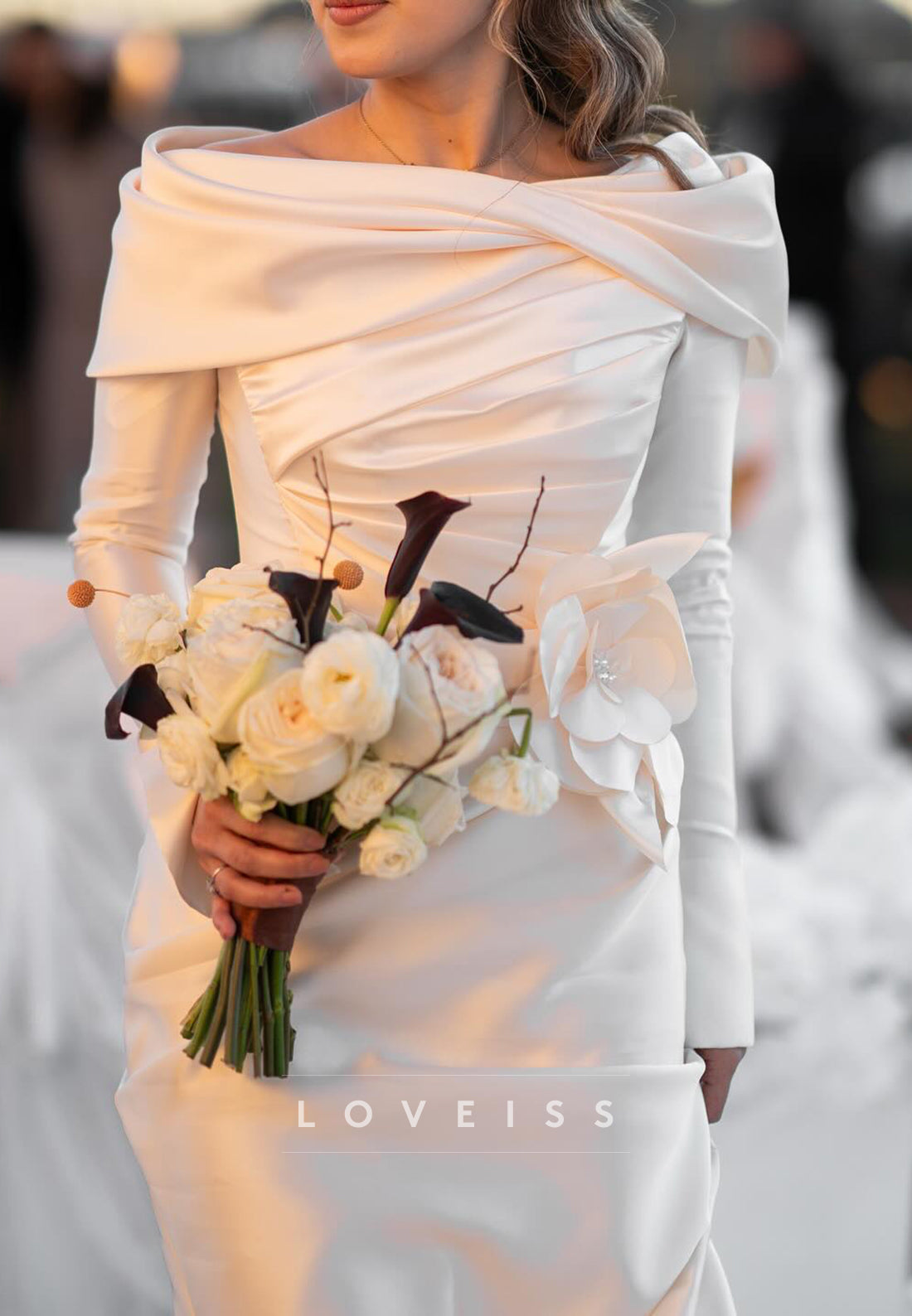 Bateau Long Sleeves Sleek Sheath Satin Wedding Dress