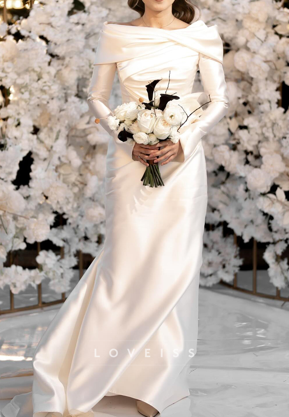 Bateau Long Sleeves Sleek Sheath Satin Wedding Dress