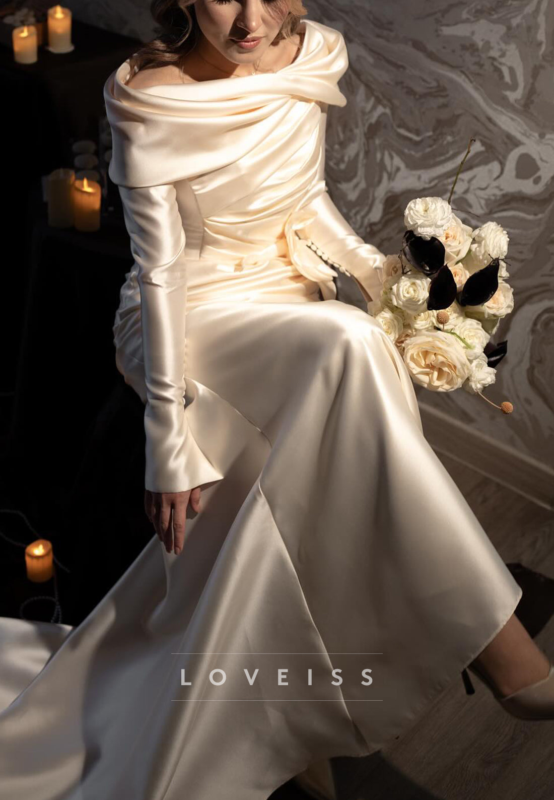 Bateau Long Sleeves Sleek Sheath Satin Wedding Dress