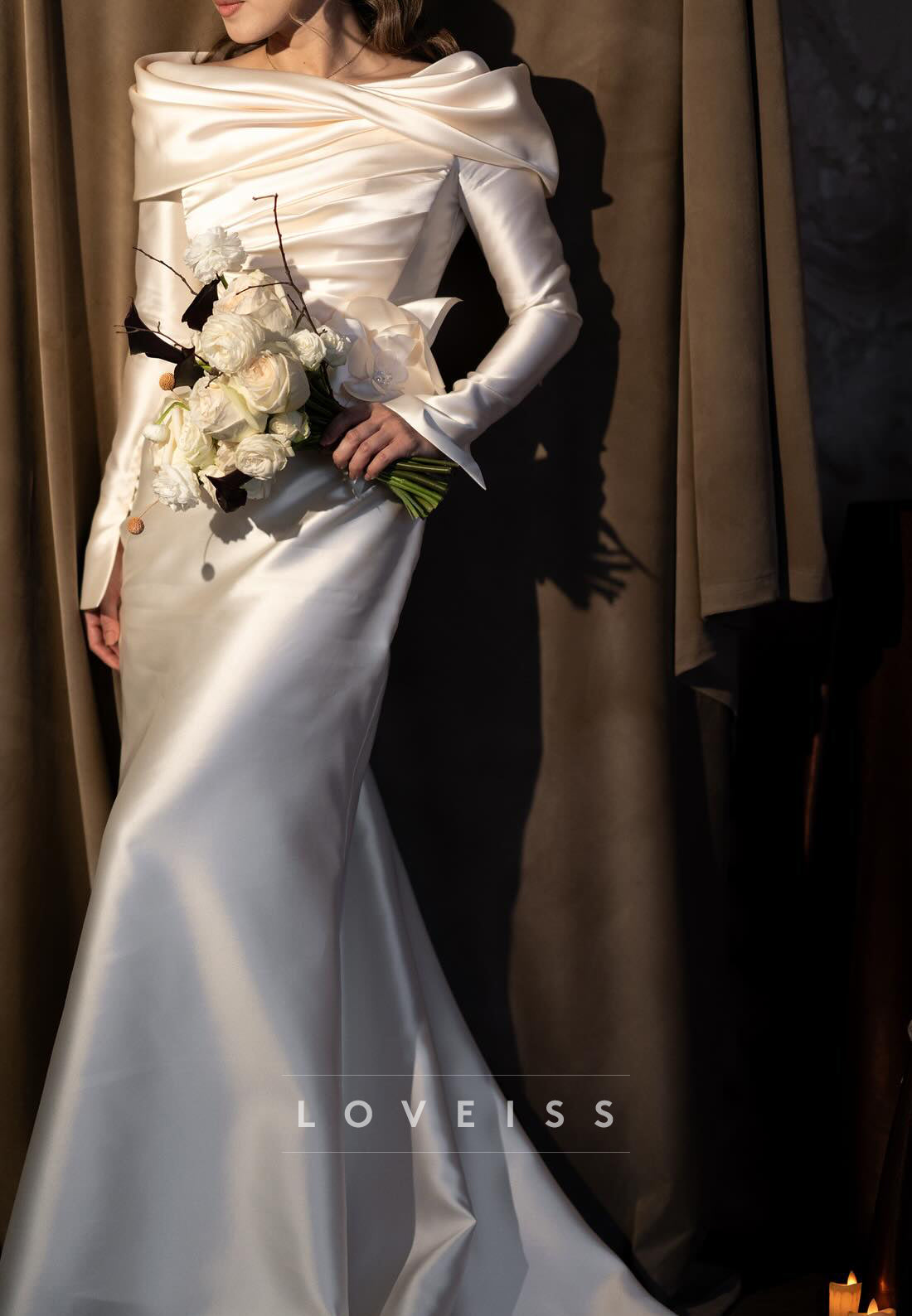 Bateau Long Sleeves Sleek Sheath Satin Wedding Dress