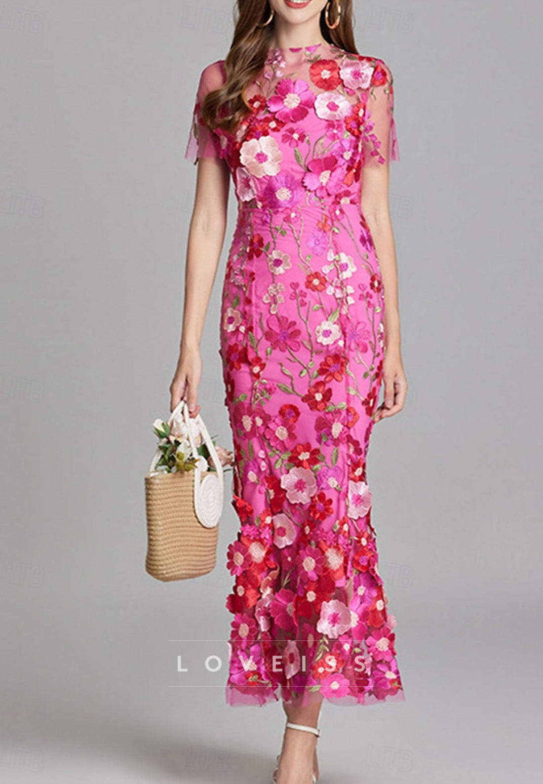 Bateau Short Sleeves Floral Appliques Sheath Mother of Bride Dress