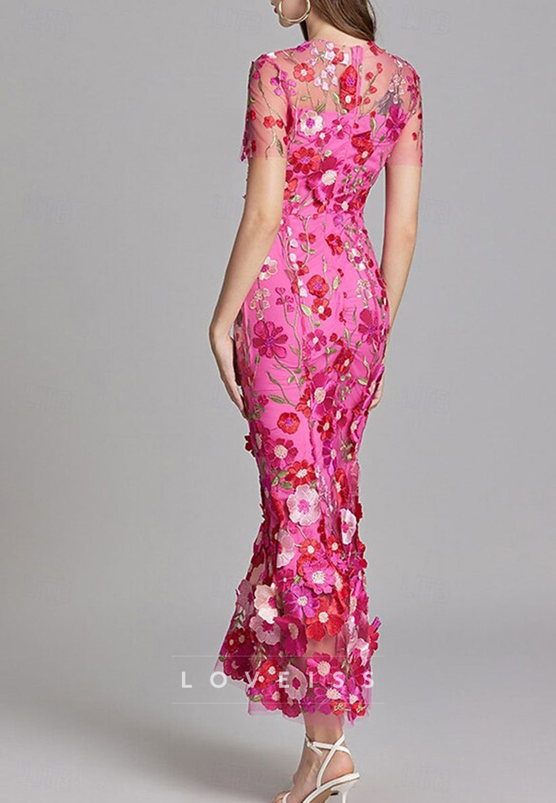 Bateau Short Sleeves Floral Appliques Sheath Mother of Bride Dress