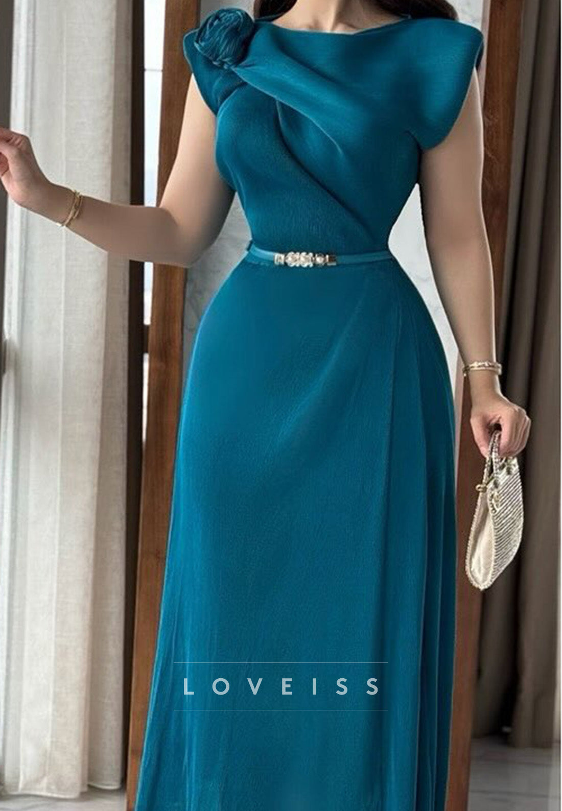Bateau Sleeveless Belt Wedding Guest Dress Sheath Formal Dress
