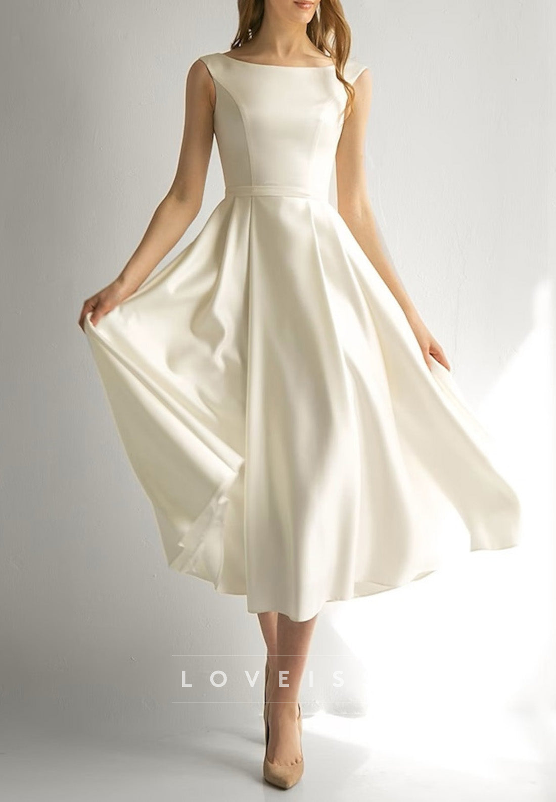 Bateau Sleeveless Sleek A-Line Midi Simple Wedding Dress