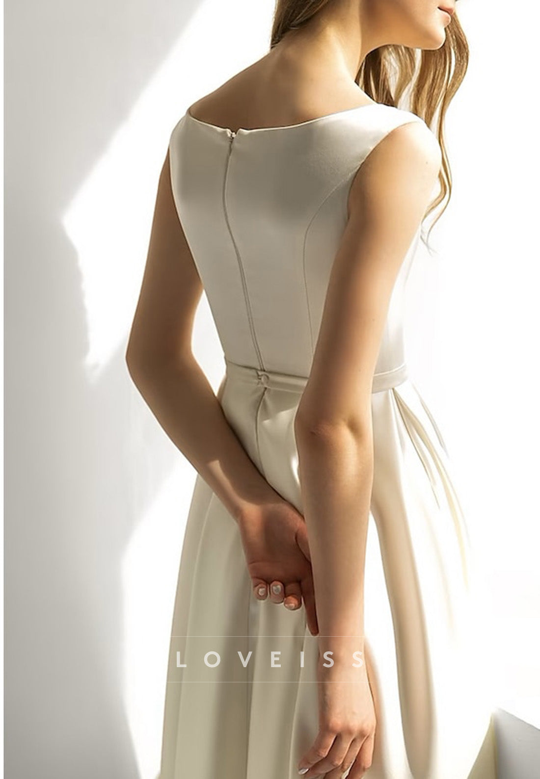 Bateau Sleeveless Sleek A-Line Midi Simple Wedding Dress