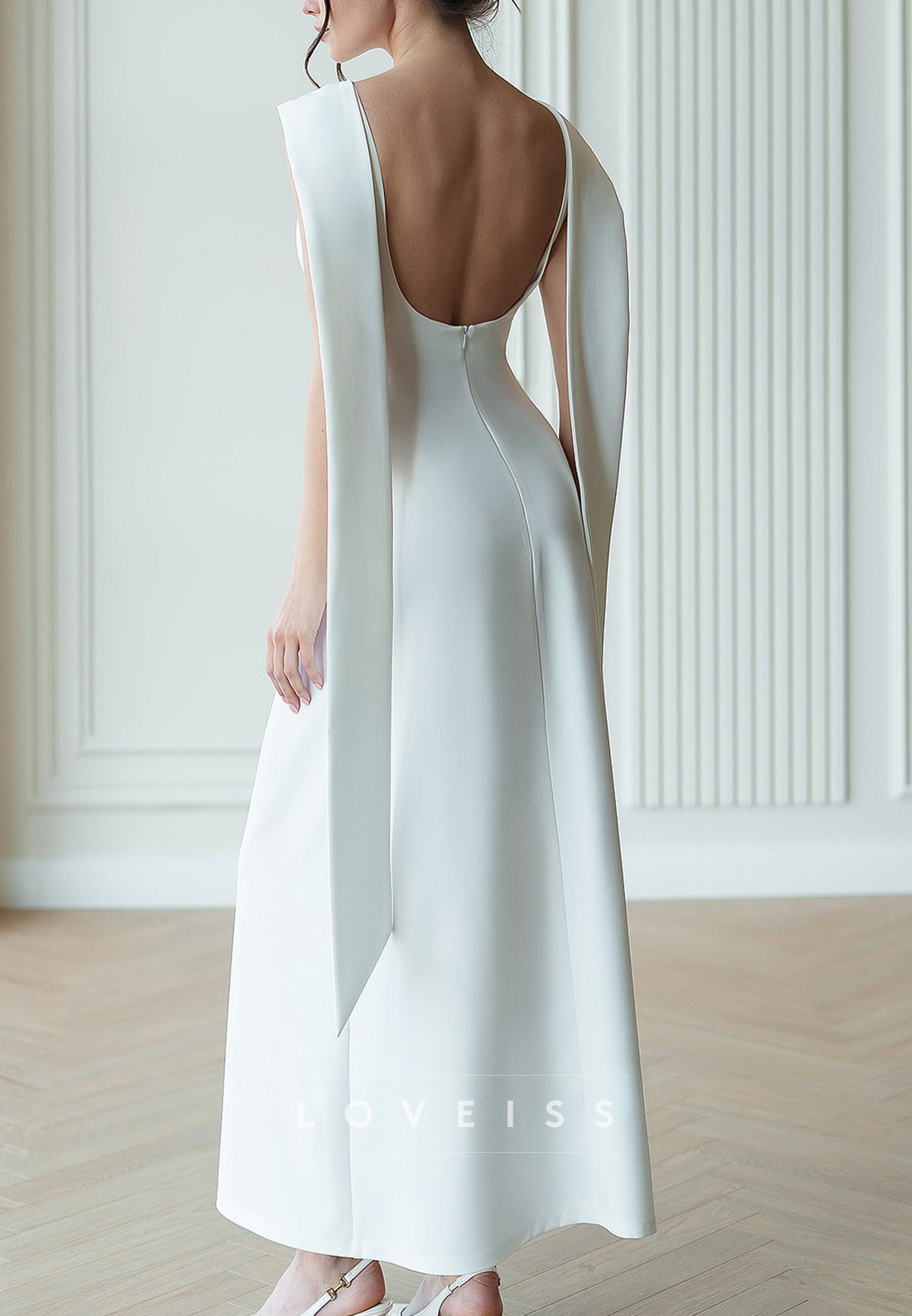 Bateau Sleeveless Sleek Ankel Length A-Line Wedding Dress