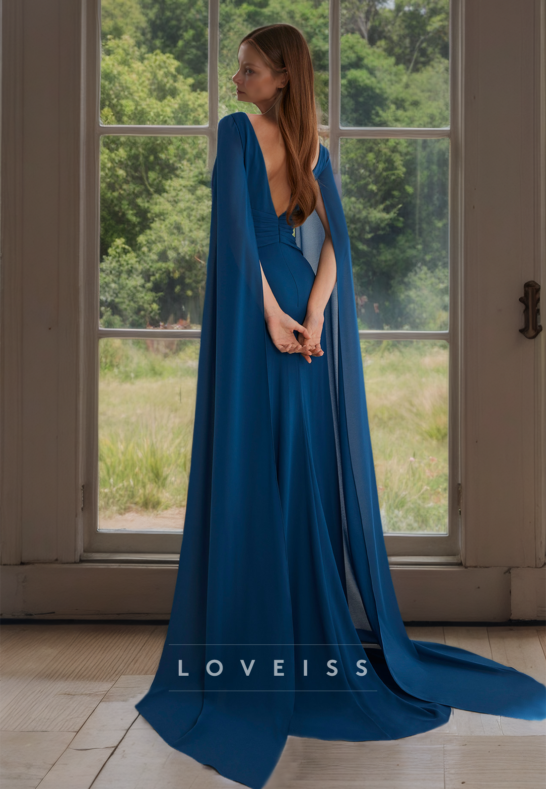 Bateau Sleeves Ruched Side Slit Mother of Bride Dress