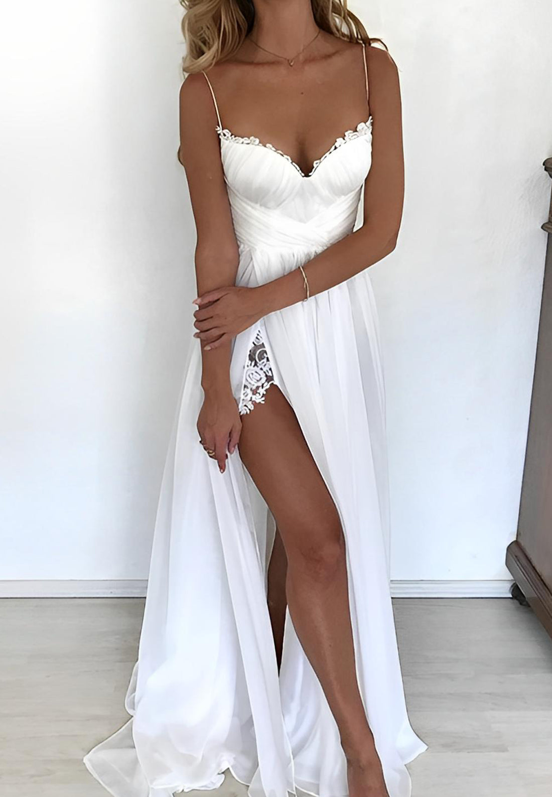 V-Neck Spaghetti Straps Pleated High Slit A-Line Beach Wedding Dress