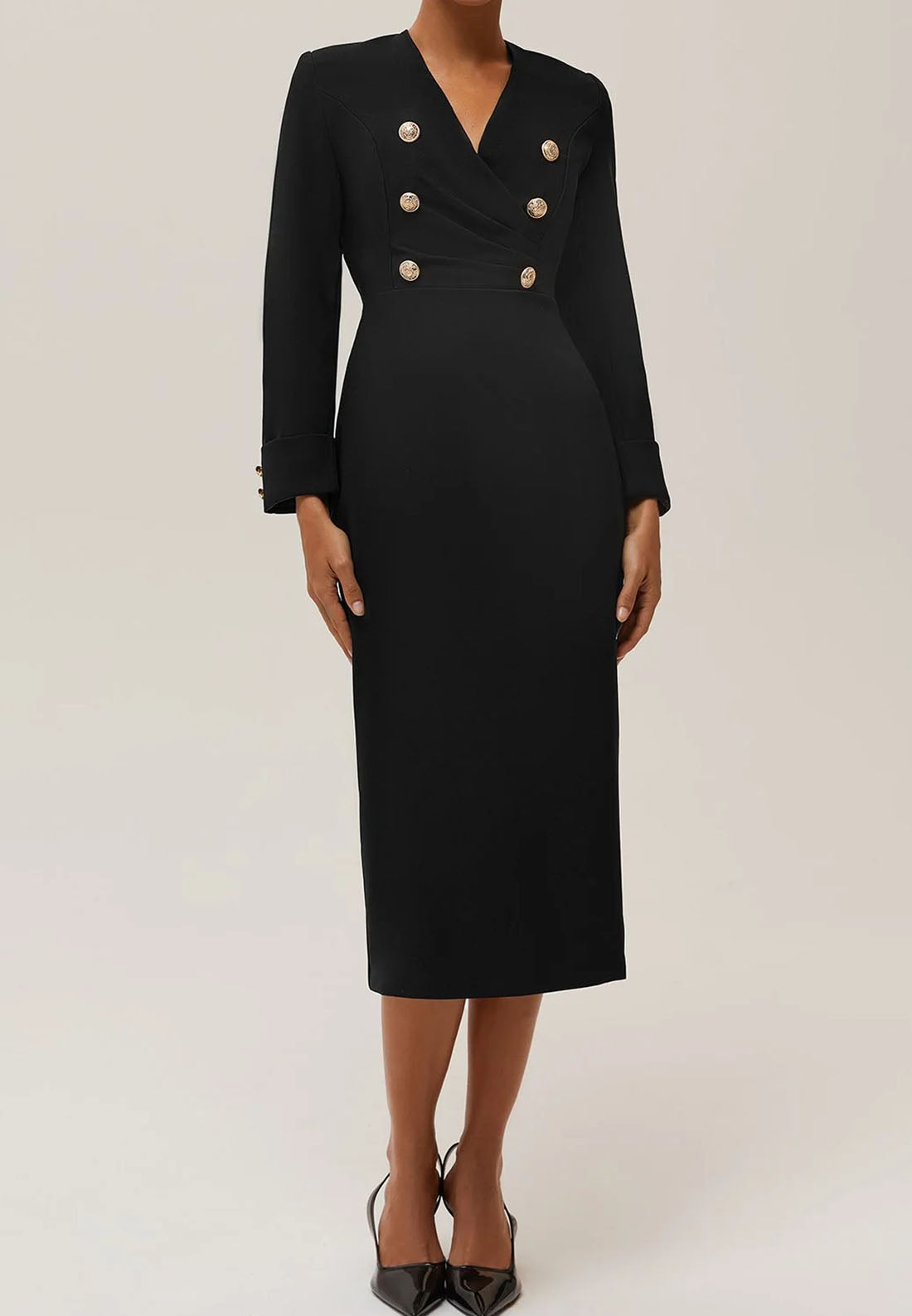 Black Buckle V Neck Long Sleeve Sheath Midi Blazer Dress