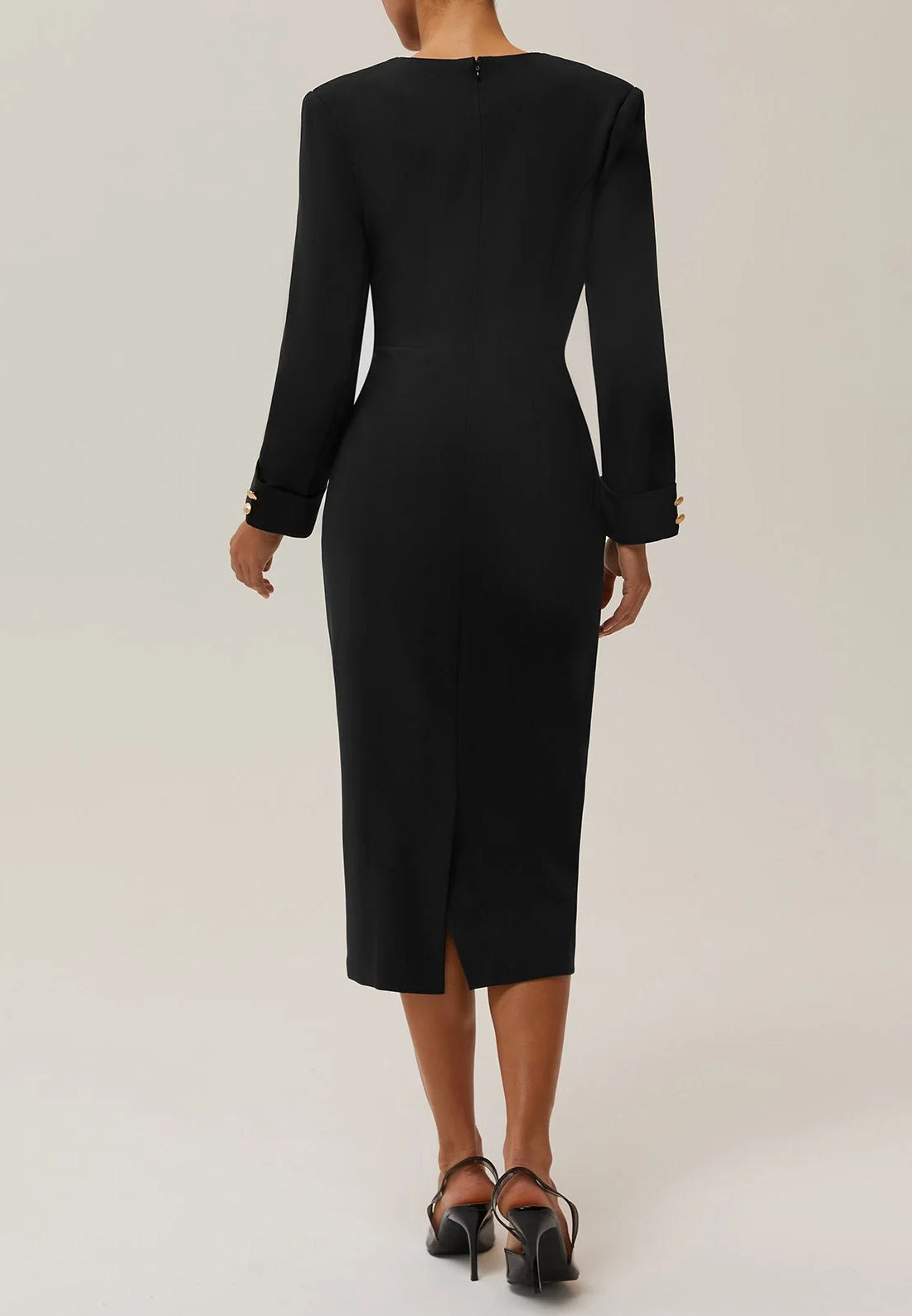 Black Buckle V Neck Long Sleeve Sheath Midi Blazer Dress