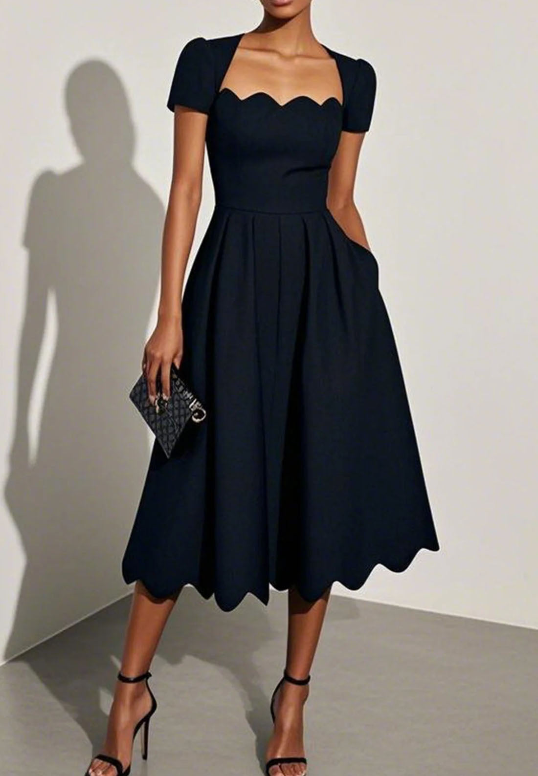 Black Irregular Craftsmanship Classic Square Neck Short Sleeve A-Line Loveiss Black Irregular Craftsmanship Classic Square Neck Short Sleeve A-Line Loveiss