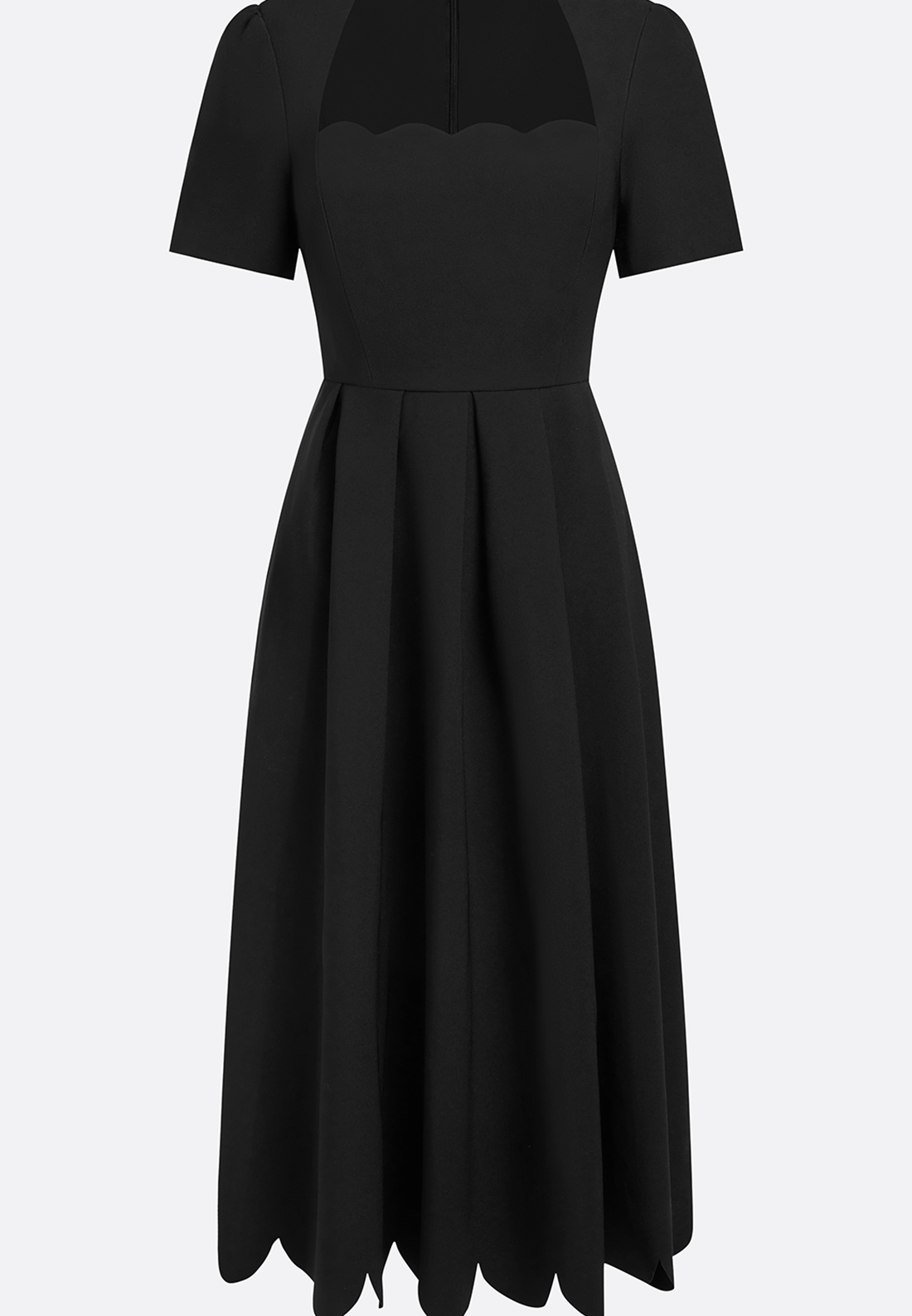 Black Irregular Craftsmanship Classic Square Neck Short Sleeve A-Line Midi Dress