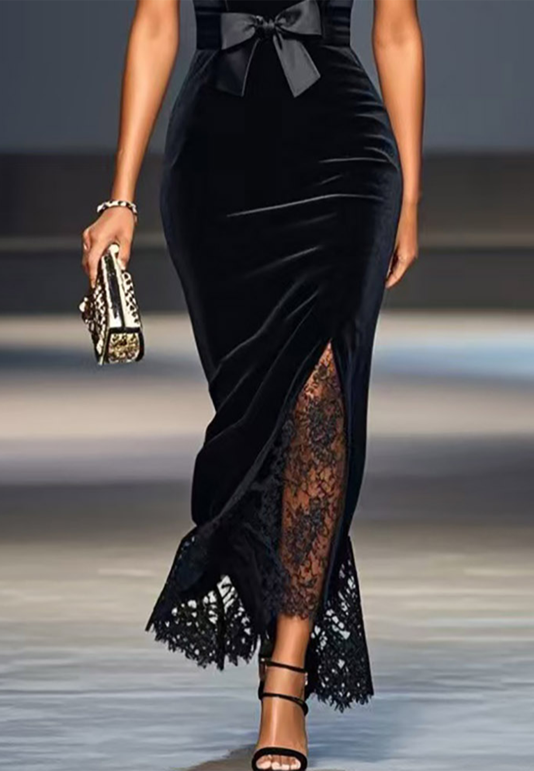 Black Lace Bow Sleeveless Mermaid Maxi Velvet Dress