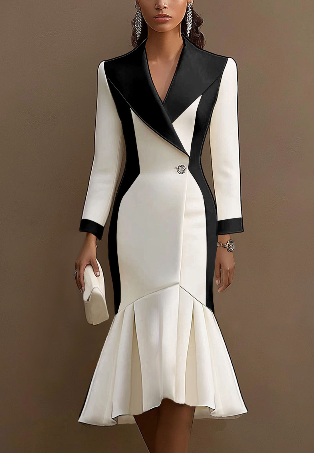 Blazer Long Sleeves Flow White Black Bussiness Work Midi Dress