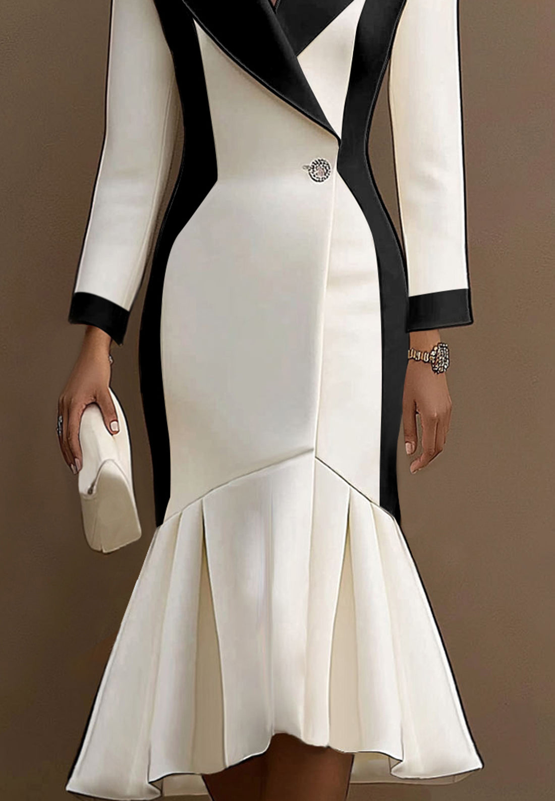 Blazer Long Sleeves Flow White Black Bussiness Work Midi Dress