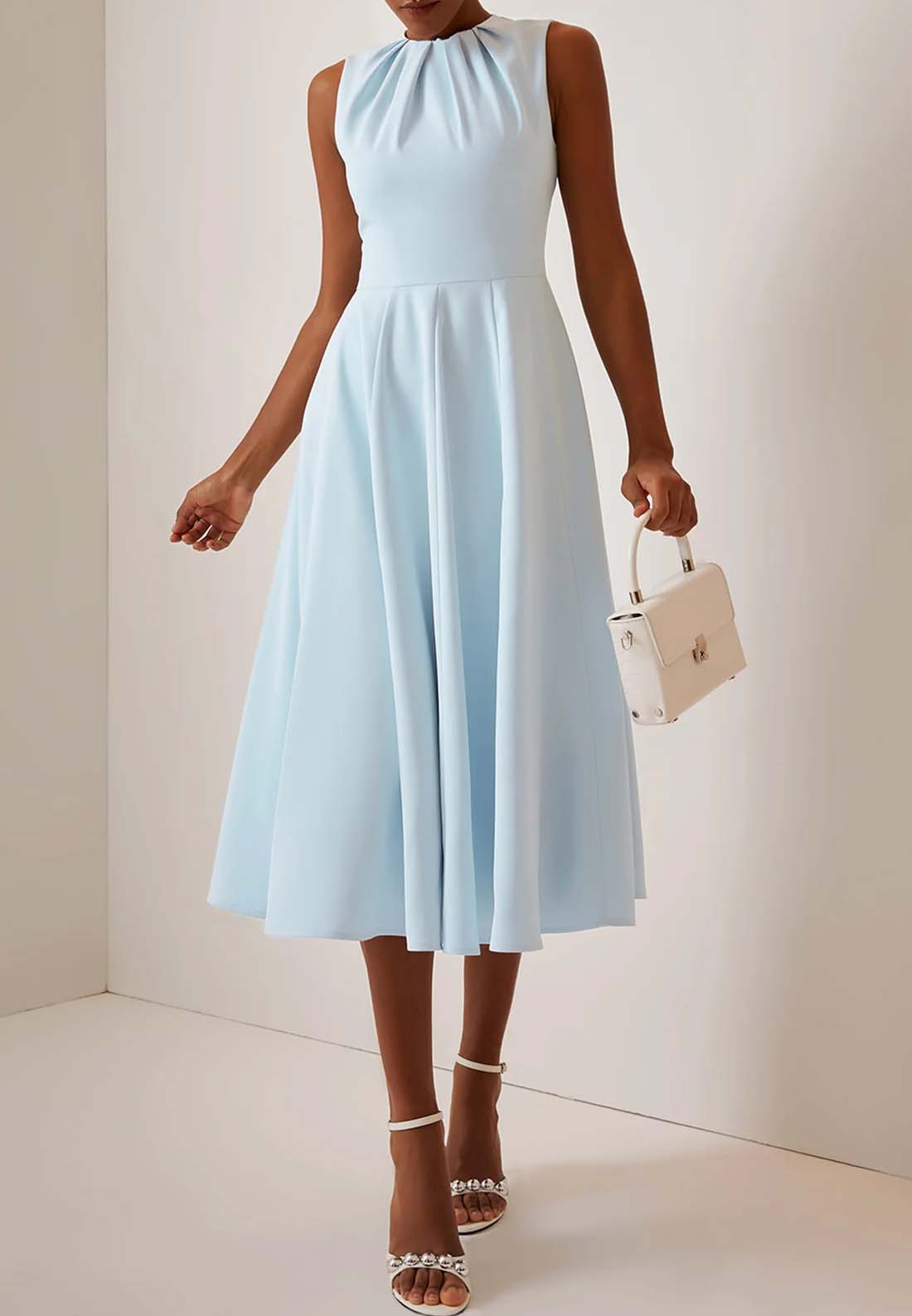 Blue Ruched Crew Neck Sleeveless A-Line Midi Dress Loveiss Blue Ruched Crew Neck Sleeveless A-Line Midi Dress Loveiss