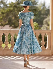 Blue Satin Print Midi Dress