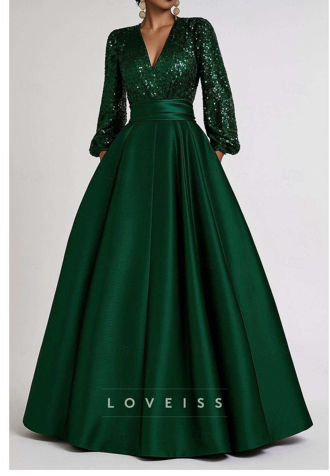 Brush Train Ball Gown Formal V-Neck Long Sleeves A-Line Evening Gown