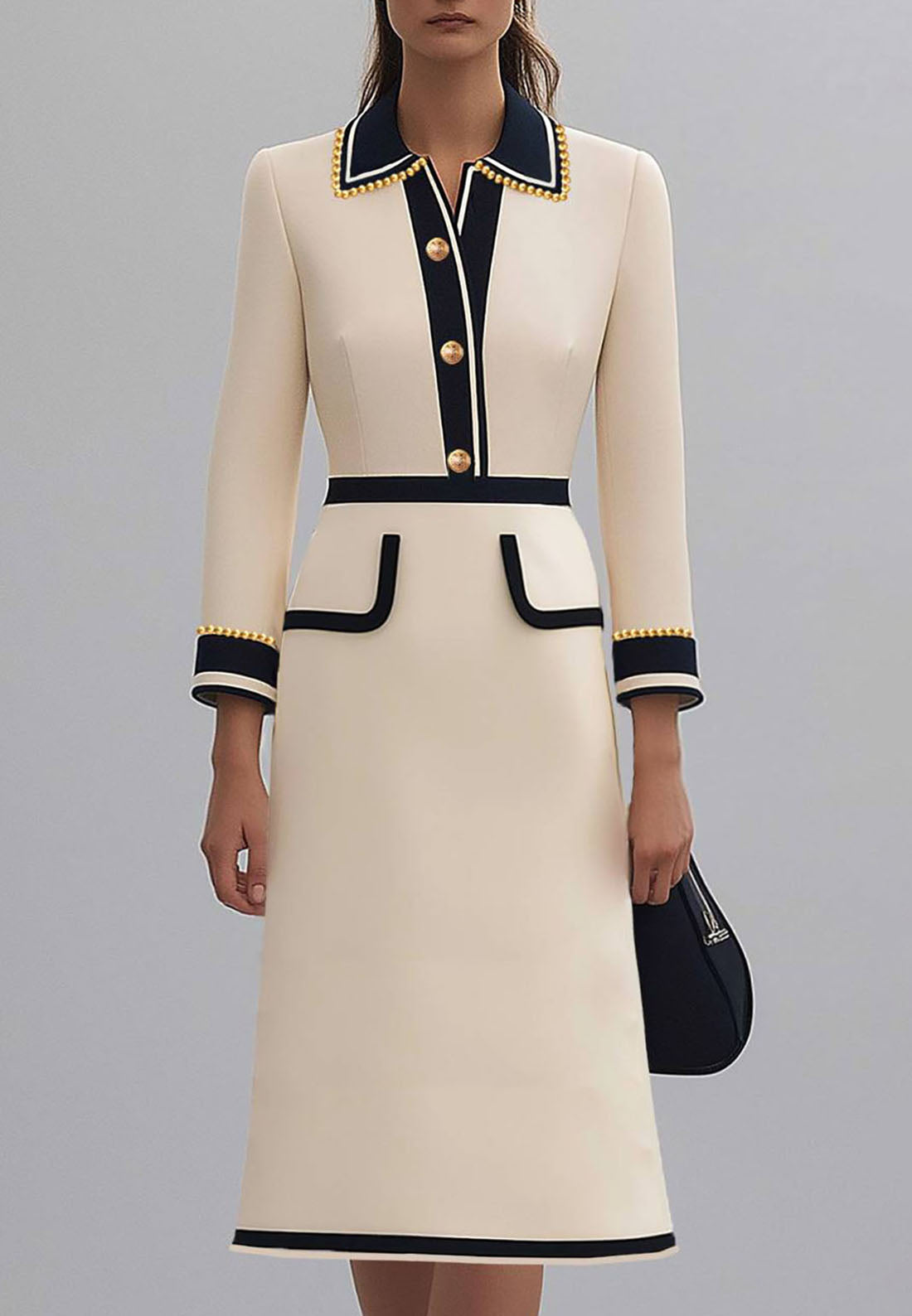Business Chic Blazer Dress Lapel Pearl Fake Pocket A-Line Work Suit