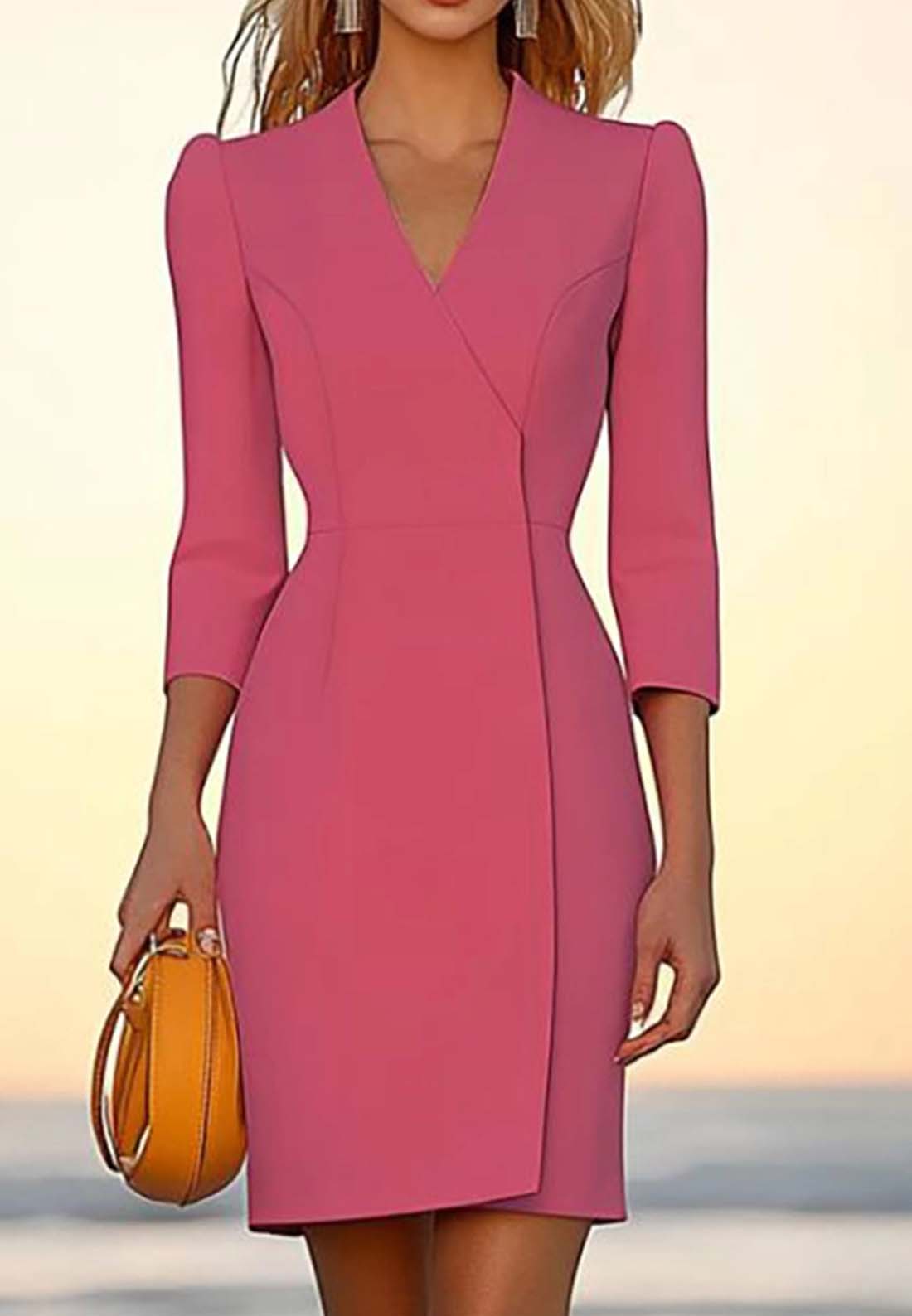 Business Semi-Formal Dress Pink V-Neck Long Sleeve Mini Dress
