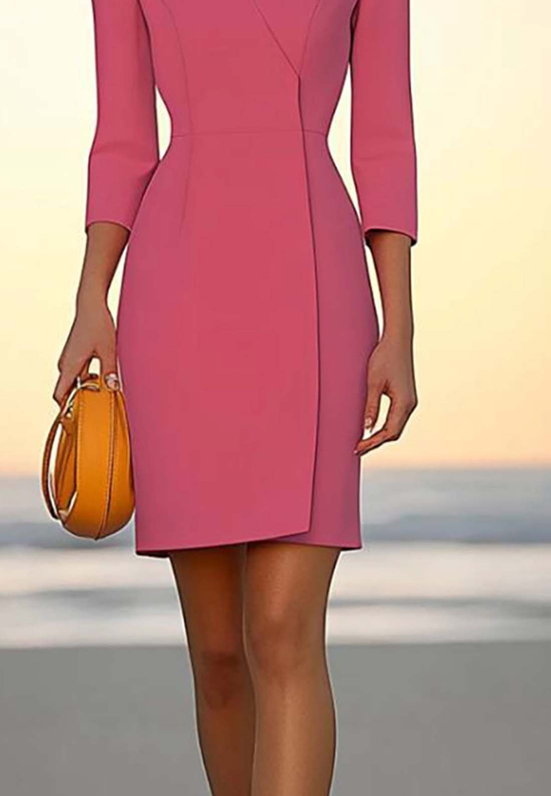 Business Semi-Formal Dress Pink V-Neck Long Sleeve Mini Dress