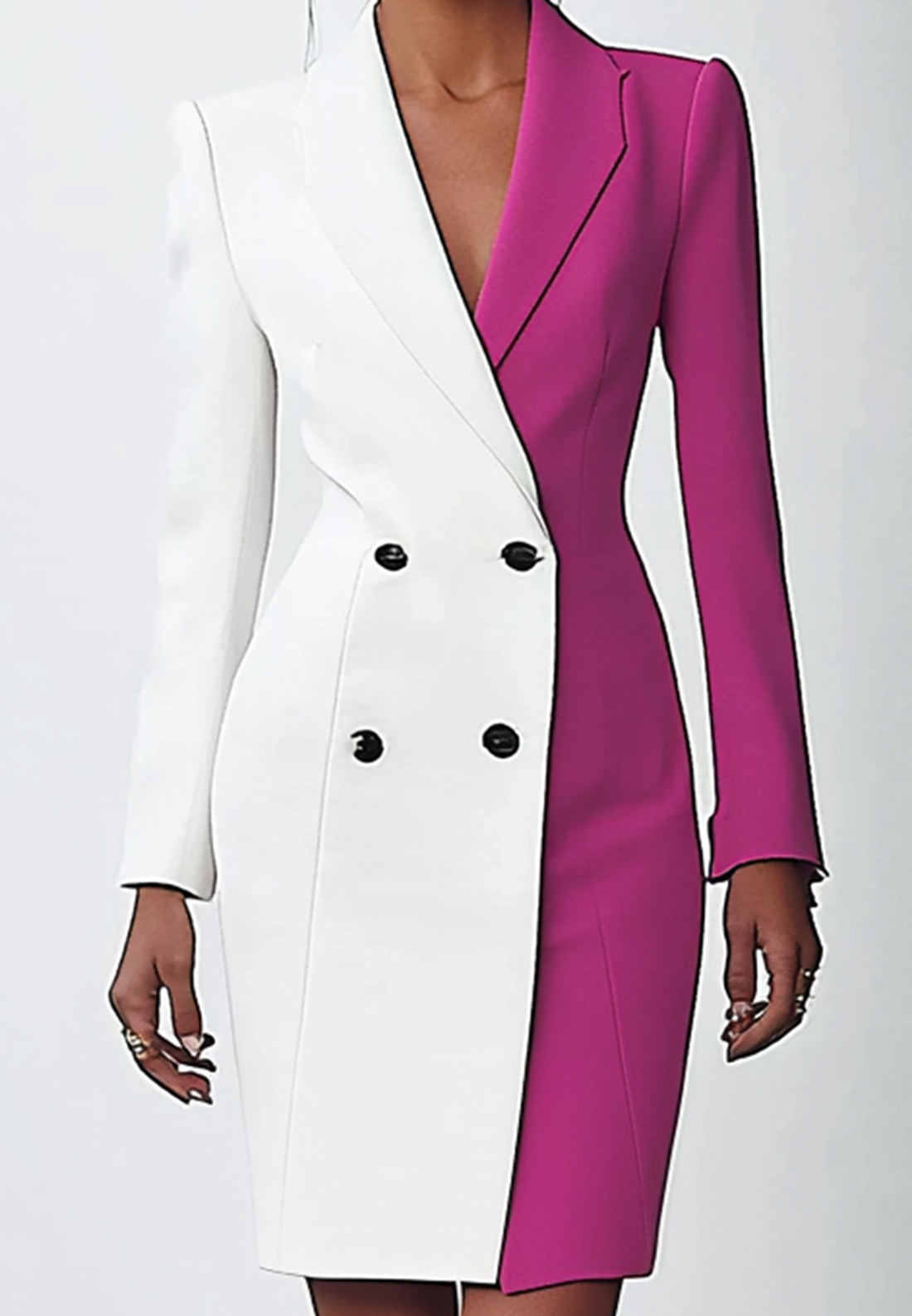 Business Work Blazer Dress Fuchsia White Long-Sleeve Midi Dress