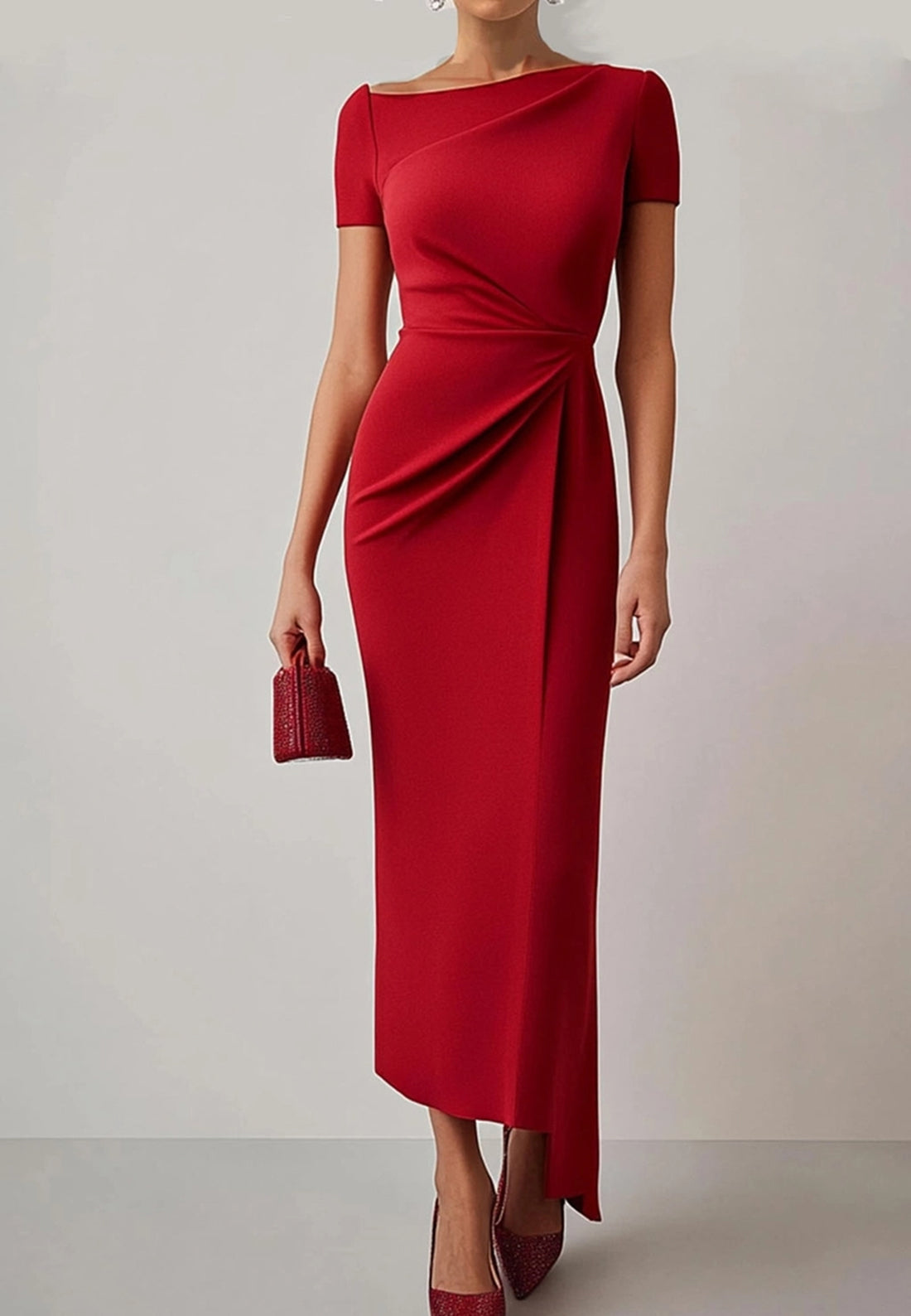 Business Work Red Dress Crew Neck Pleat Midi Dress