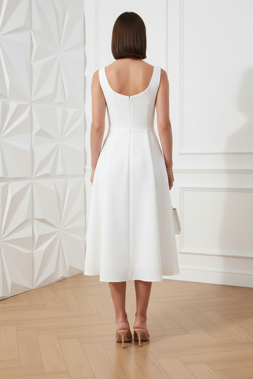 White Scoop-Neck Midi Dress A-Line Cocktail Dress