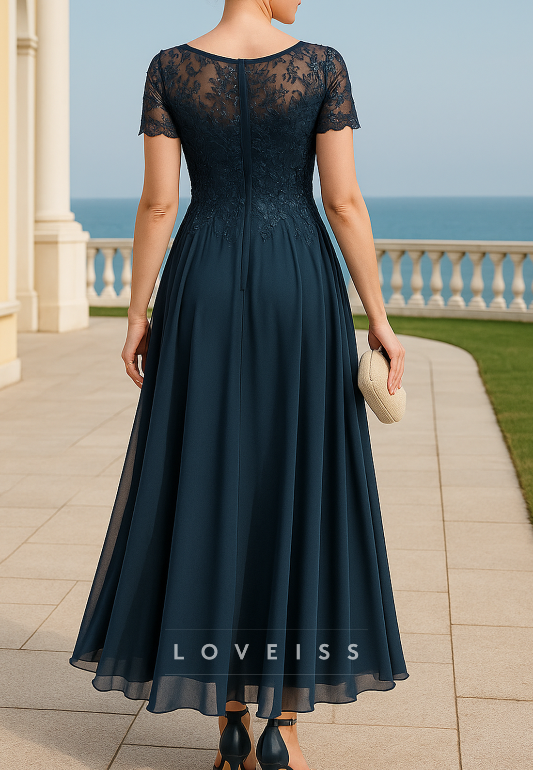 Scoop Short Sleeves Appliques Chiffon A-Line Mother of Bride Dress
