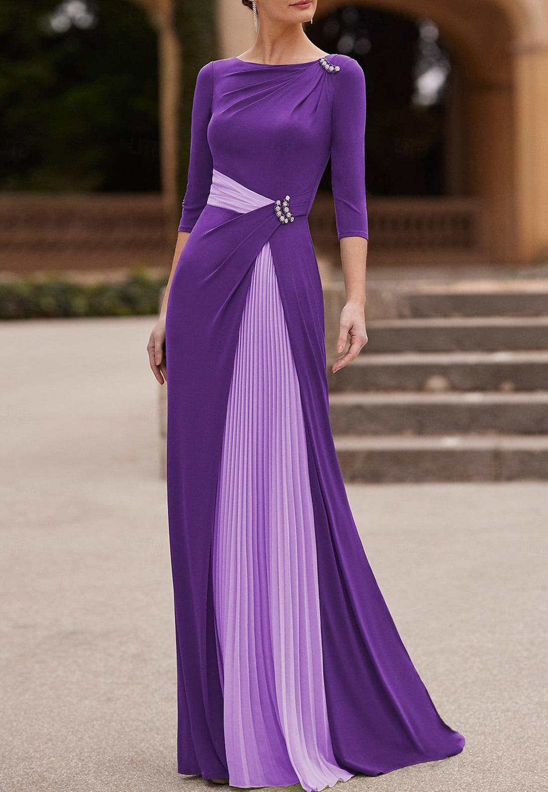 Scoop Long Sleeves Pleated A-Line Simple Mother of Bride Dress