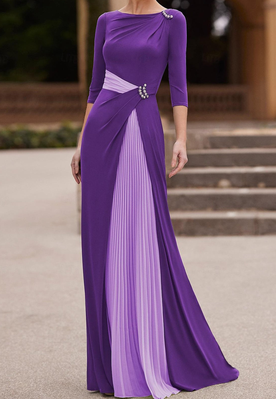 Scoop Long Sleeves Pleated A-Line Simple Mother of Bride Dress