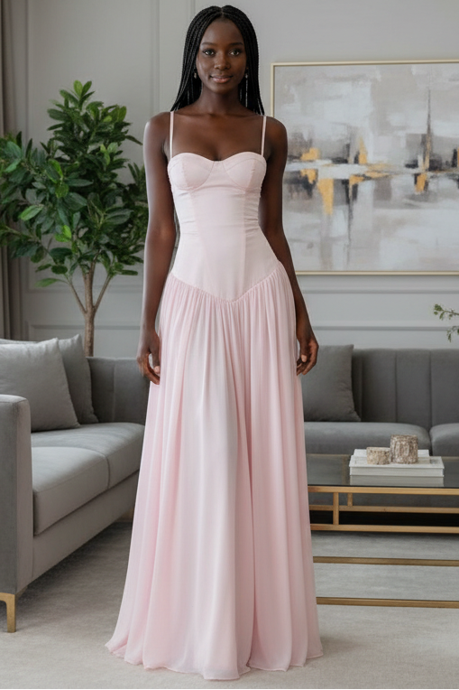 Cute A Line Spaghetti Straps Light Pink Long Prom Dress with Ruffles