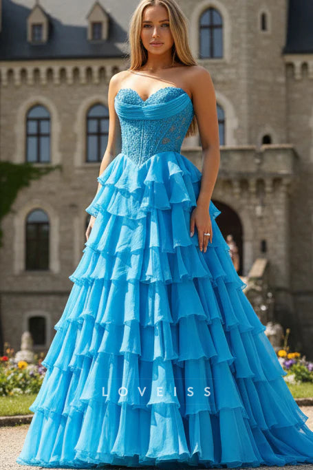 Blue Sweetheart Ruffled Long A-line Dress
