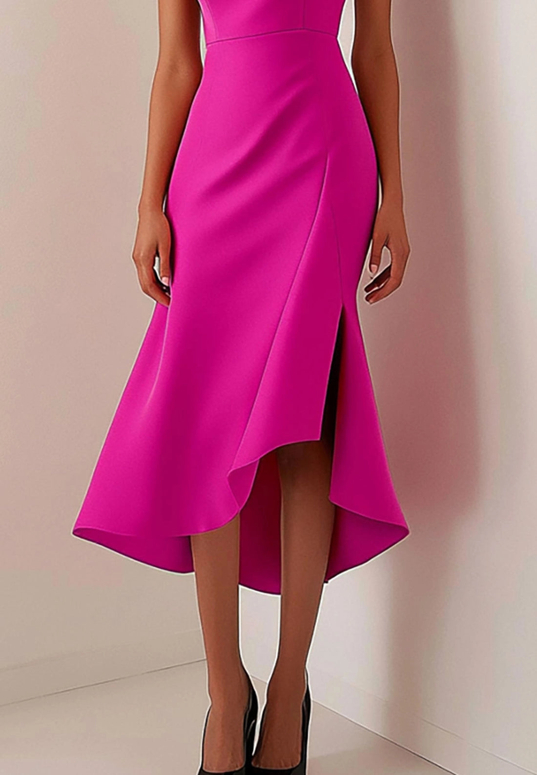 Daily Party Dress Rose Red Round Neck Slit Sleeveless Midi Dress