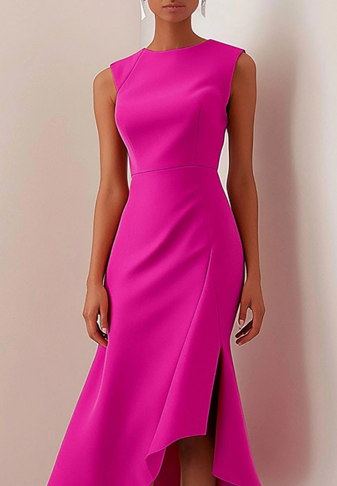Daily Party Dress Rose Red Round Neck Slit Sleeveless Midi Dress