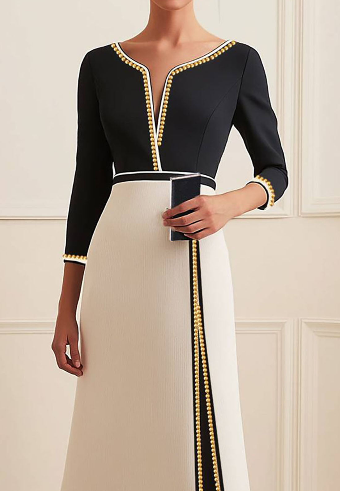 Daily V-neck Dress Pearl Black and White Colo A-Line Midi Dress